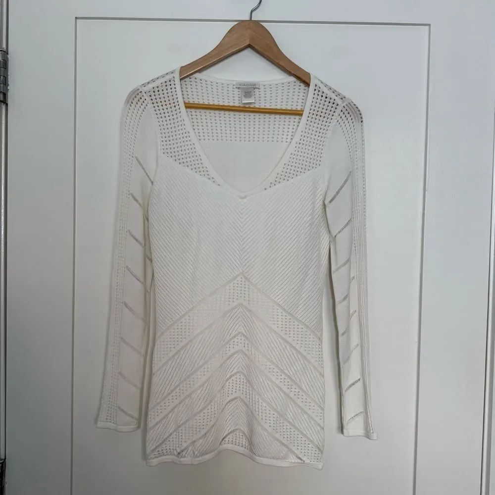 Cache Top Womens Sz S White V Neck Long Sleeve Crochet Mesh Sheer Stretch